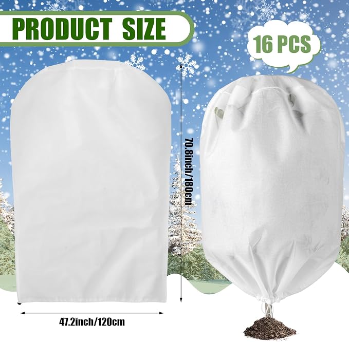 SATINIOR 16 Pcs 47 x 71 Inch Plant Covers Freeze Protection, Reusable Plant Protector Frost Cloth Warm Blankets, Winter Bush Tree Cover with Drawstring Outdoor (White)