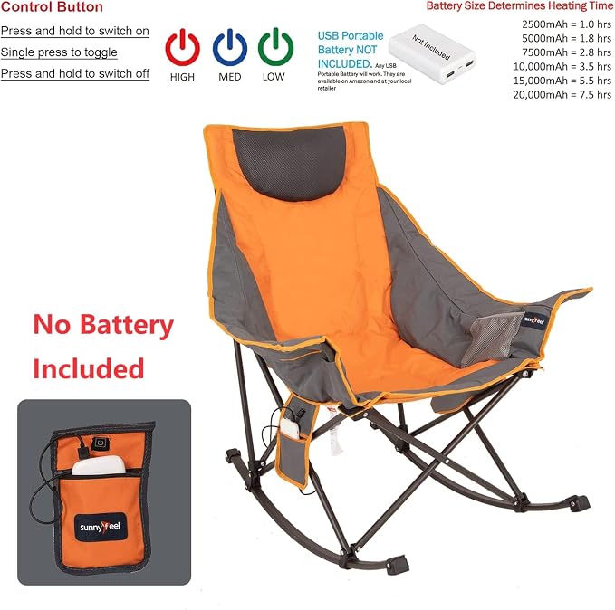 SUNNYFEEL Oversized Heated Rocking Camping Chair 2 Pack, Fully Padded Patio Chair with Side Pocket, High Back Portable Lawn Recliner with Carry Bag, Outdoor Rocker Chair for Adults Heavy Duty 500 LBS