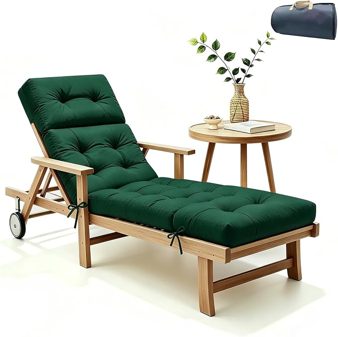 Non-Slip Outdoor Chaise Lounge Chair Cushion, Waterproof 74.4 x 22 x 4.7 Inches Lounge Chair Cushions for Outdoor Patio Furniture with Ties, Pool Chaise Lounge Cushions Replacement, Green