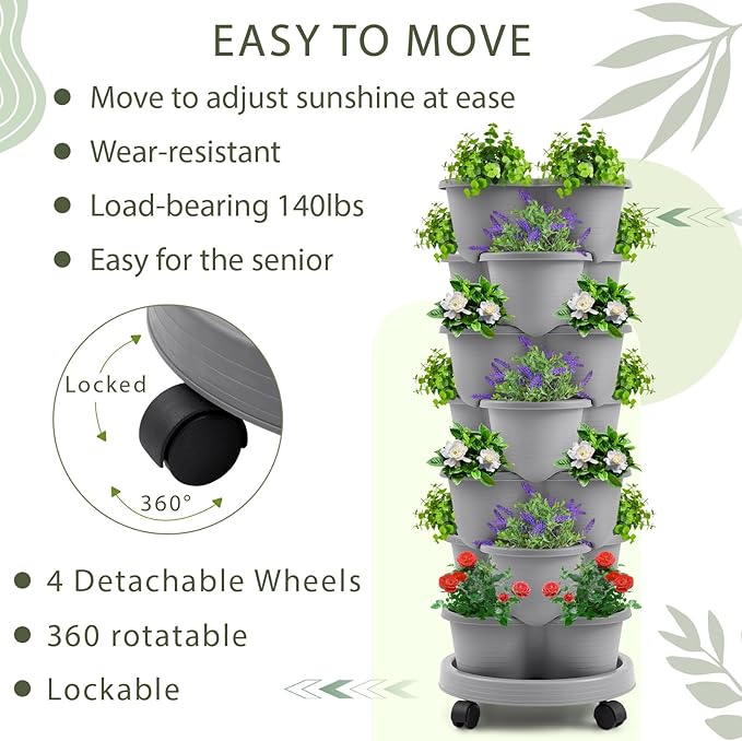 Umigy 1 Set Light Gray 7 Tier Stackable Vertical Planters with Removable Wheels and Tools Tower Planters Strawberry Herb Flower Vegetable Pots Indoor Outdoor Gardening Pots