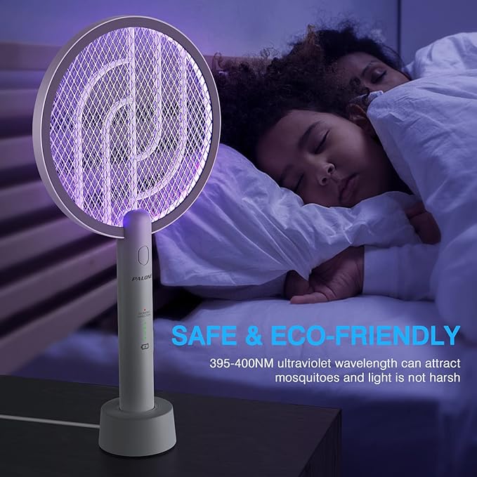 PALONE Electric Fly Swatter 4000V Bug Zapper Racket, Dual Modes Mosquito Killer with Battery, Rechargeable Mosquito Killer Lamp with 3 Layers Safety Mesh for Indoor and Outdoor, White 1P