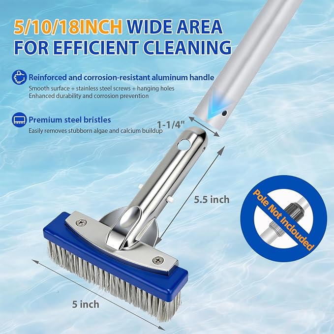 5-Inch Pool Brush Head - Combo Nylon & Stainless Steel Wire Bristles, Heavy Duty Metal Pool Brushes for Extra Scrubbing Power, for Cleaning Inground Pool Tiles, Concrete, Walls, Floor, Steps, Corners