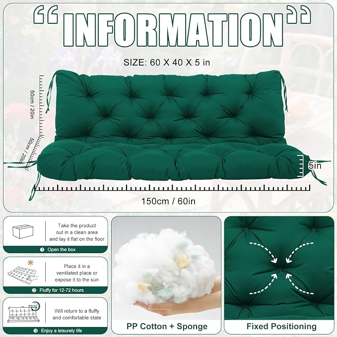 Outdoor Porch Swing Cushions 60x40 inch Waterproof Bench Cushion with Backrest Extra Thick 5" Replacement Cushions for Swing Outdoor Furniture Bench Patio Garden Backyard (Dark Green 60x40x5inch)
