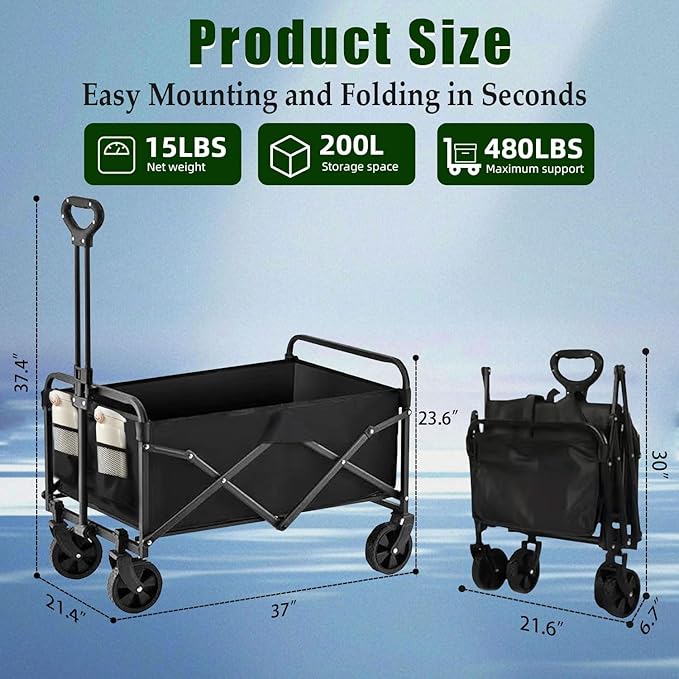 Collapsible Wagon Cart Foldable 37" L 480lbs Capacity, Heavy Duty Beach Wagon, Shopping Carts with Wheels for Grocery, Camping, Shopping, Fishing, Garden Cart