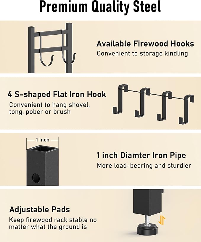 Brightown Firewood Rack Outdoor with Log Carrier, 34 inch Indoor Wood Rack for Firewood,Fire Wood Holder Outside, Adjustable Heavy Duty Logs Stand Stacker Holder for Fireplace Patio Deck,Black