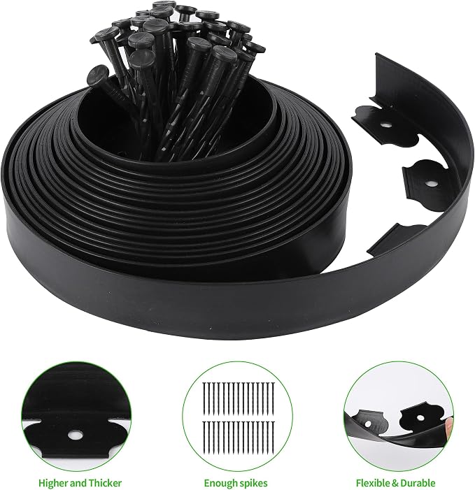 Landscape Edging Borders 33FT Extra Tall 4IN Outdoor Edging Borders Plastic Flexible with 30pcs Stakes,Mini Plastic Fence for Landscaping Yard Flowerbeds,Grass-Black