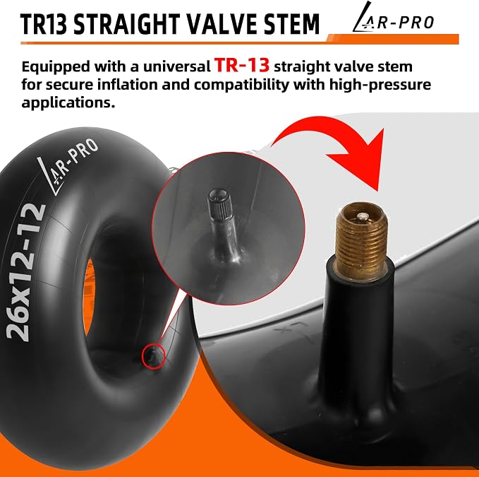 AR-PRO Relacement 26x12-12 Heavy-Duty Inner Tubes for ATV/UTV, Lawn Tractor, Golf Cart, Snow Blowers, and More - With TR13 Straight Valve Stems - Made from Durable Butyl Rubber (2-Pack)