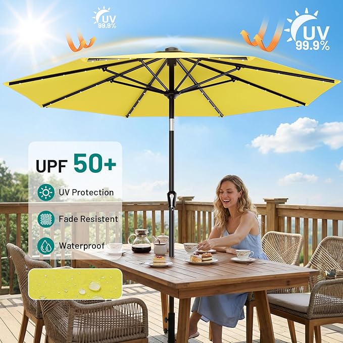 AreShark 9FT Patio Umbrella with Solar Lights, 32 Lighted Pool Umbrella w/Tilt and Crank, Outdoor Market Solar Umbrellas for Garden, Deck, Backyard, Pool and Beach, Yellow