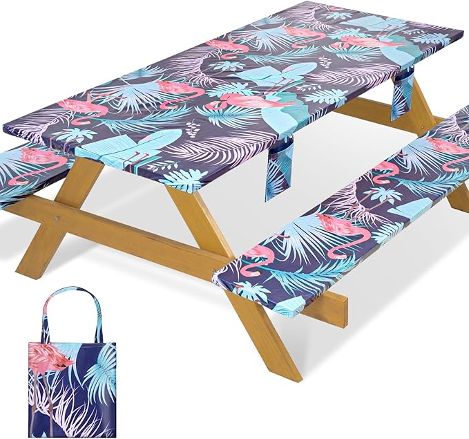 Fitted Waterproof Picnic Table Cover with Bench Covers Heavy Duty Elastic Outdoor Camping Tablecloth for 8 Foot Rectangle Tables Summer Rv Accessories Patio Garden Road Trip Essentials Gifts
