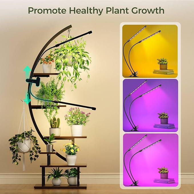 GREENSTELL Plant Stand with Grow Lights, Half Moon 7 Tiered Metal Plant Shelf , Multiple Tier Curved Ladder Flower Pot Stand Display Rack for Indoor Living Room Patio Garden Balcony Dark Brown (1 Pack)