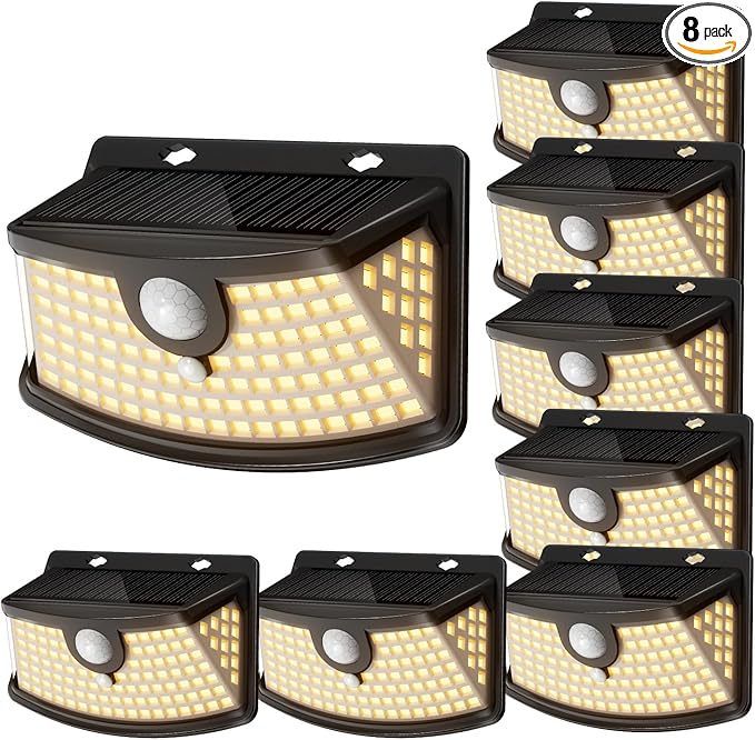 Aootek New Solar Motion Sensor Lights 120 LEDs with Lights Reflector,270° Wide Angle, IP65 Waterproof, Step Lights for Front Door, Yard, Garage, Deck (Black, Warm White, 8-Pack)