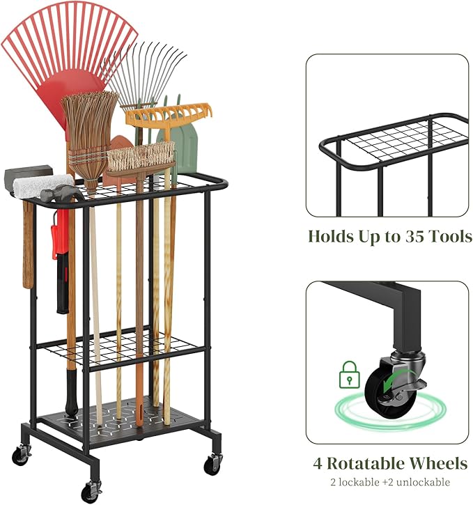 Garden Tools Organizer Rack, Yard Tool Rack with Wheels, Heavy Duty Steel Yard Tool Organizer and Storage Holder Broom Holder for Shed, Patio, Outdoor (Rack with Wheels)