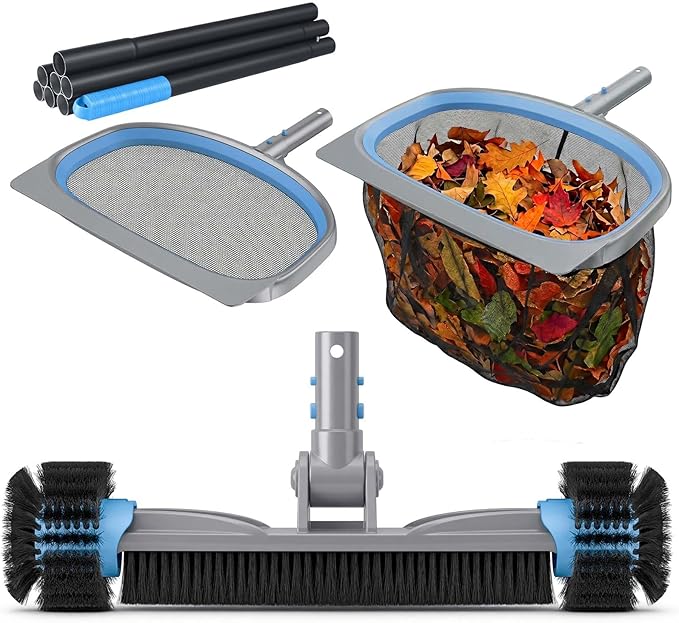 UIRWAY 4-in-1 Deluxe Swimming Pool Cleaning Kit - Includes Detachable Pool Brush, Heavy Duty Deep Leaf Skimmer Net, Fine Mesh Net, Extendable Aluminum Pole for Inground & Above Ground Pools Cleaning