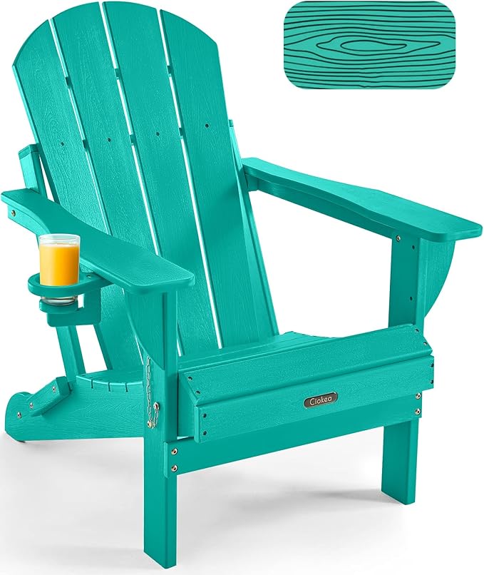 Ciokea Folding Adirondack Chair Wood Texture, Patio Adirondack Chair Weather Resistant, Plastic Fire Pit Chair with Cup Holder, Lawn Chair for Outdoor Porch Garden Backyard Deck (Lake Blue)