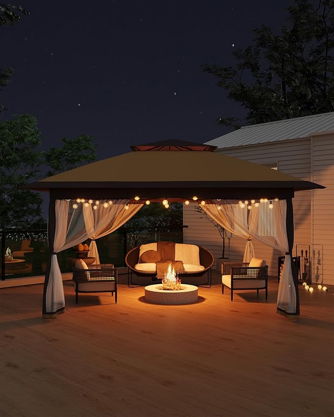 GarveeLife Canopy Tent 13x13 ft, Pop Up Gazebo One-Push Setup with 4 SandBags for Backyard Parties and BBQs, Mosquito Netting & Height Adjustable - Khaki & Coffee