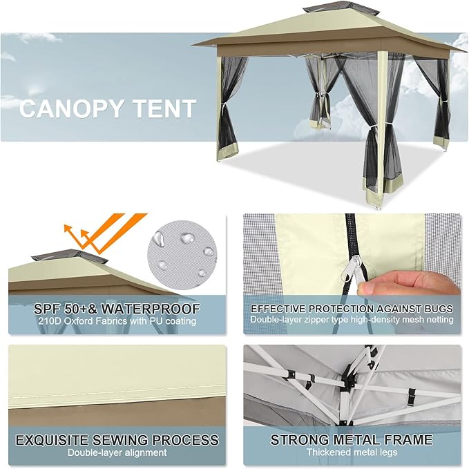 COBIZI 12x12 FT Pop up Gazebo on Clearance Canopy Tent, Carpas para Patio, Easy up Outdoor Canopy Tents with Portable Storage Bag for Backyard, Outdoor Waterproof Gazebos for Garden, Camping, Khaki
