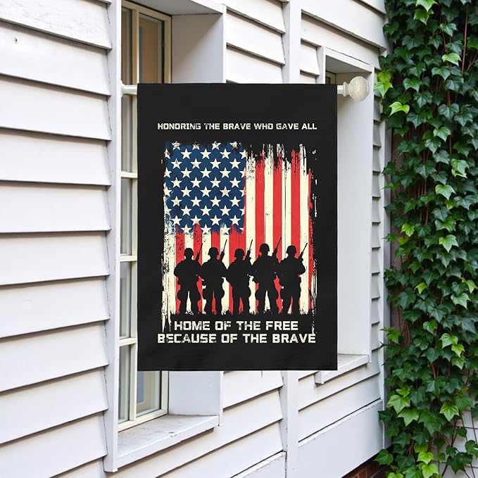 Memorial Day Patriotic House Flag Honoring Fallen Soldiers Home Of The Free Because Of The Brave Outdoor Yard USA Flags Honor And Brave Garden Banner Lawn Porch Patriotic Decor 28 x 40 Inch