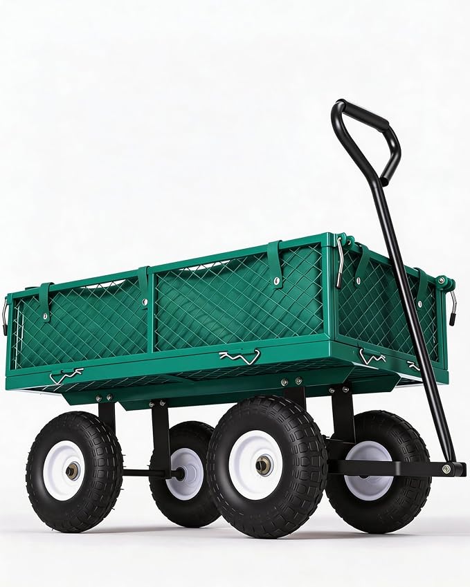 GarveeTech 400LBS Heavy Duty Steel Garden Cart, Garden Wagon Cart on Wheels, Metal Yard Utility Wagon with Removable Mesh Sides, 10" All Terrain Tires, 180° Rotating Handle for Lawn, Garden, Farm