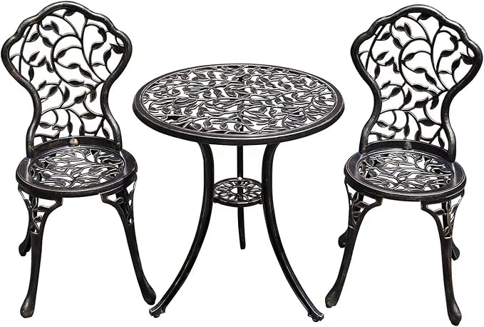 JARDIN DE CENTENNIAL Patio Bistro Set.Rust-Resistant Cast Aluminum Bistro Table Set with Umbrella Hole for Backyard (Leaf DESIGNCOPPER)
