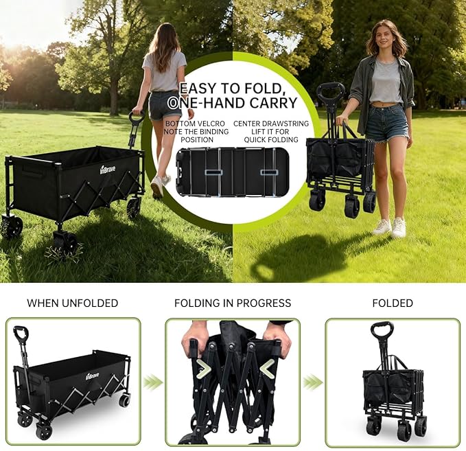 Extra Long Collapsible Wagon Cart, 480LBS Heavy Duty Utility Wagons with All-Terrain Wheels, Foldable Grocery Carts for Gardening, Shopping, Beach, Camping, Black