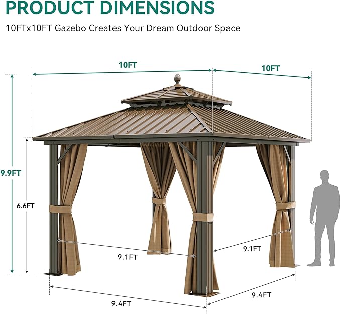 YITAHOME 10x10ft Hardtop Gazebo with Nettings and Curtains, Heavy Duty Double Roof Galvanized Steel Outdoor Combined of Horizontal Vertical Stripes Roof for Patio, Backyard, Deck, Lawn (Bronze)