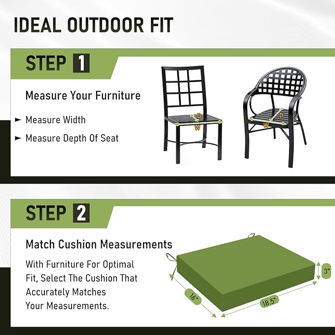 Basic Beyond Outdoor Chair Cushions Set of 2, Square Corner Outdoor Cushions for Patio Furniture, Water Resistant Patio Chair Cushions with 2 Ties, 18.5x16x3, Grass Green