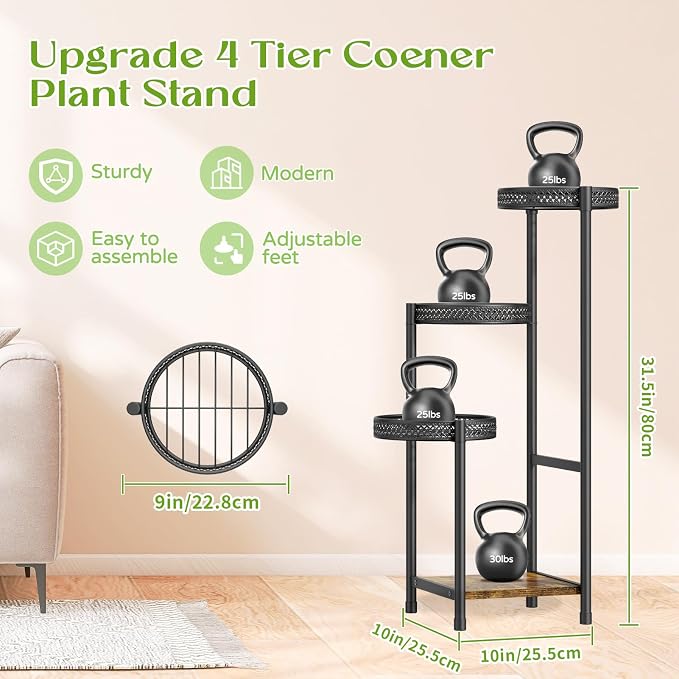 Oppro Plant Stand Set of 2, Tiered Metal Wood Corner Planter Stands Flower Shelf for Indoor Outdoor Plants