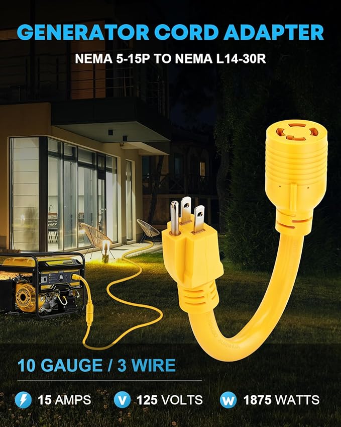 Kohree NEMA 5-15P to L14-30R Generator Adapter Cord, 3 Prong to 4 Prong Adapter, STW 10 AWG 12'', 15 Amp Male Generator to 30 Amp House Inlet Box Adapter, Generator Transfer Switch Adapter Cord