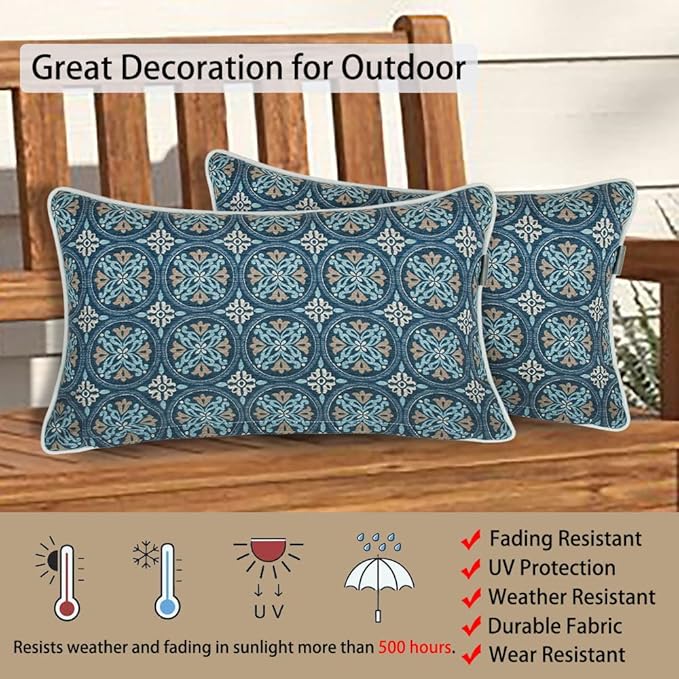 Magpie Fabrics Pack of 2 Outdoor Waterproof Lumbar Rectangular Throw Pillow with Insert, Home Decorative Toss Pillows All Weather Cushion for Patio Garden Car Office (12x20 Inch, Morgan Medal Print)