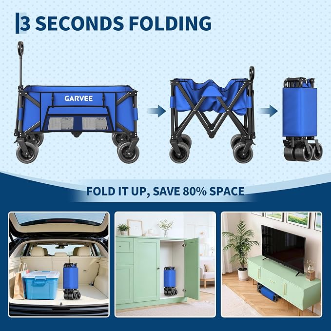 Wagon Carts Foldable, 460LBS Weight Capacity 280L Collapsible Wagon with All-Terrain Wheels, Drink Holders, Storage Cover&Elastic Rope, Utility Carts for Groceries, Shopping, Camping, Sports -Blue