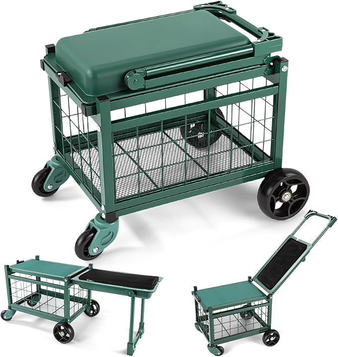 Rolling Garden Work Seat with Wheels, Heavy Duty Gardening Cart with Seat, Garden Stools for Seniors, Outdoor Wagon on Wheels for Lawn, Patio, and Backyard