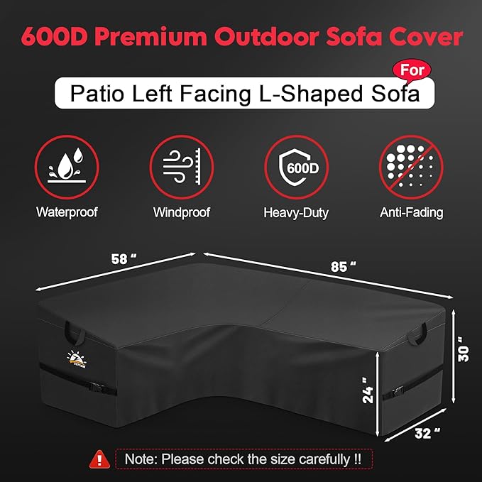 Zettum Outdoor L-Shaped Sectional Cover - 600D Patio Sectional Sofa Cover, Waterproof Patio Furniture Covers for 4-Seater Outdoor Sectional Sofa and Couch, Left Facing, 58x85 Inch Wide