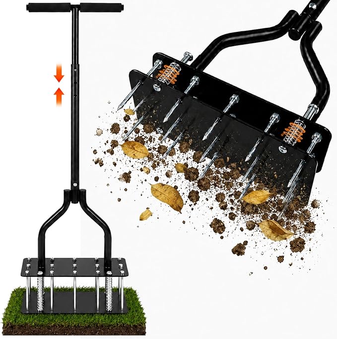 Lawn Aerator Tools, 3 Height Manual Yard Aerator with Self-Cleaning Design | Heavy Duty Adjustable Lawn Air Aerator Tool with 15 Long Iron Spikes, for Lawn Care, Hard Soil Loosening and Yard Aerating