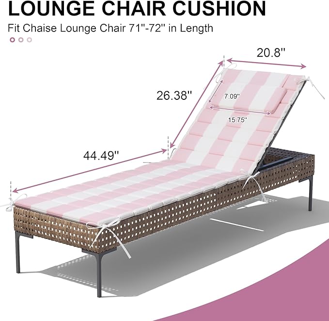 Crestlive Products Chaise Lounge Cushion Outdoor Set of 2, Waterproof Foldable Pool Lounge Chair Cushions with Straps 71''Lx21''W, Lounger Cushions for Outdoor Furniture, Patio, Pink Stripe