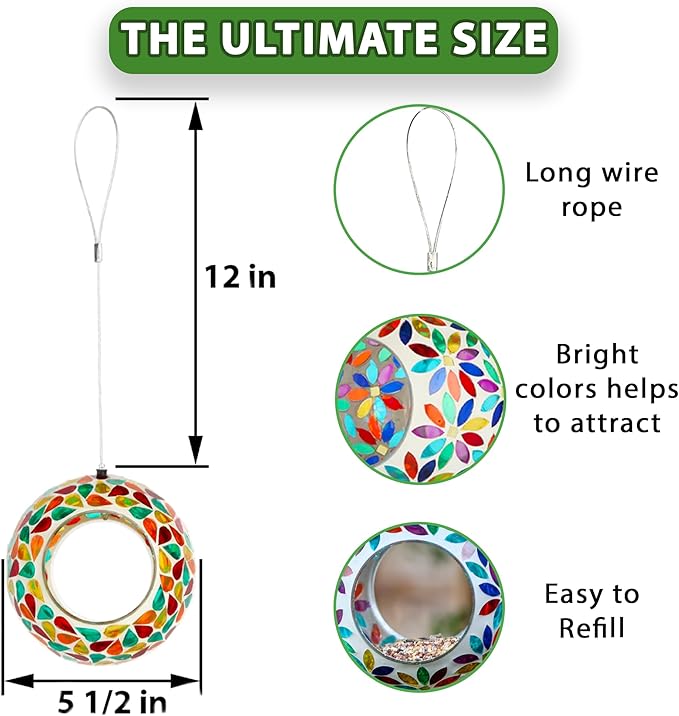 Lily's Home 5.5 Inches Glass Mosaic Hanging Bird Feeder for Outdoors Fly-Through Large Bird Feeder for Outdoor Garden Decor Backyard, Animals Lovers Gift, Multi Color Flowers