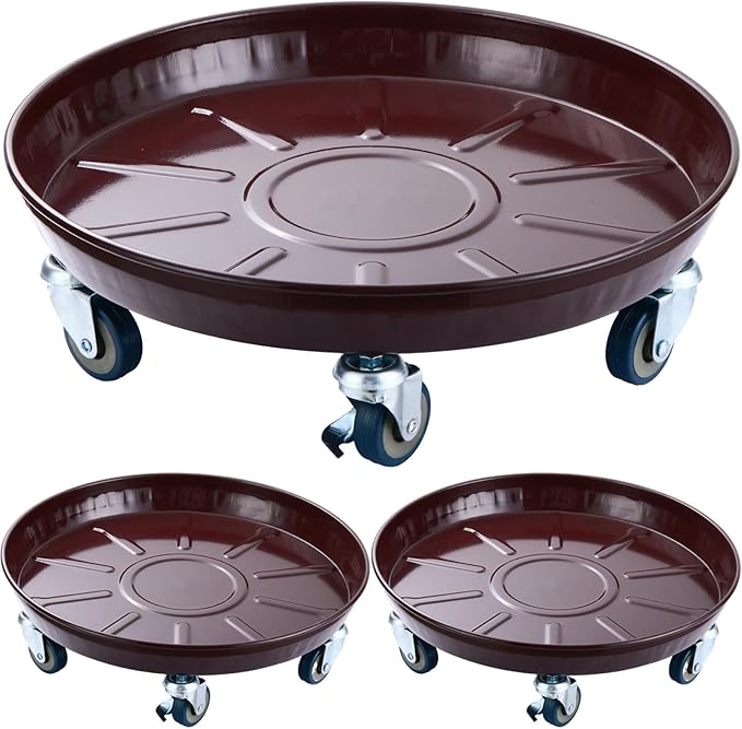 Planterhoma 3 Packs 20 inches Metal Plant Caddy with Wheels Extra-Large Rolling Plant Stand Heavy-Duty Iron Plant Dolly Casters for Indoor Outdoor Flower Pot Mover Roller Coasters, Dark Coffee