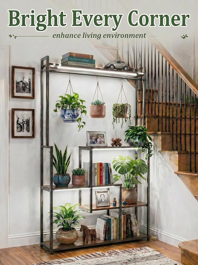 Large Plant Stand with Grow Lights 72", 5 Tier Plant Shelf with 3 Full Spectrum LED Strips & Timer, Heavy Duty Metal Plant Rack for Multiple Pot, Display Shelf for Living Room, Bedroom, Home Decor