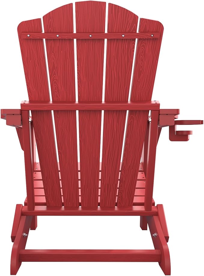 THOEOE Folding Adirondack Chair Set of 8, HDPE All-Weather Outdoor Chair with Cup Holder, Wooden Textured, Fire Pit Chair, Plastic Patio Chair for Deck, Backyard, Garden, Lawn, Red