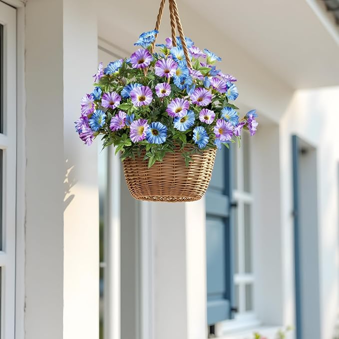 Blue Purple Artificial Morning Glory Flowers for Outdoor Planters, Premium UV Resistant Silk Faux Flowers for Porch, Hanging Basket & Window Box, Cottage Garden Decor, No Pot, 13.3 Inch, 4 Bundles