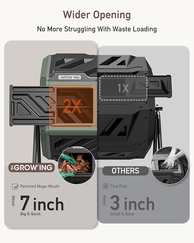 THEGROW'ING 43 Gallon Dual Chamber Compost Bin with Built-in Nuts, Outdoor Rotating Composter Tumbler for Garden Backyard, Green