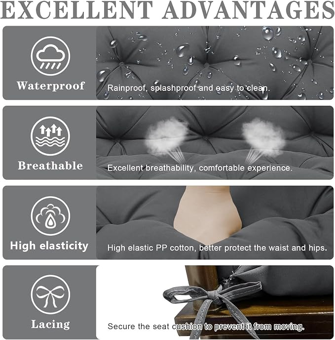 Porch Swing Cushions Outdoor, 5 Inch Thick Waterproof 2-3 Seater Replacement Swing Cushion with Backrest and Anti-Slip Ties, Perfect for Porch, Patio, Garden, Outdoor Bench Furniture, 40×40×5 Inch