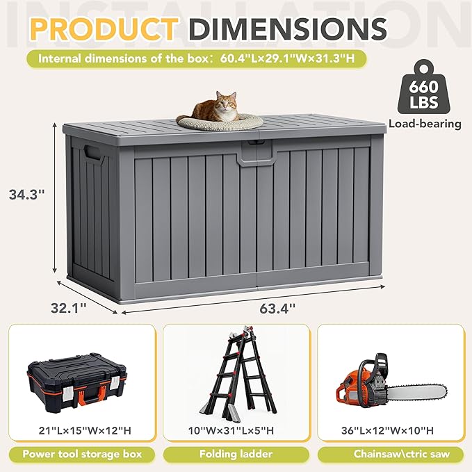 240 Gallon HDPE Deck Box Outdoor Indoor Waterproof Storage Box for Patio Furniture, Pool Accessories, Garden Tools, and Cushion Storage, Gray