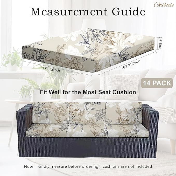 CALBODE 14Pcs Outdoor Stretch Cushion Covers,Waterproof Outdoor Chair Floral Cushion Covers for Patio Furniture, Washable Beige Couch Covers Replacement for Patio Furniture