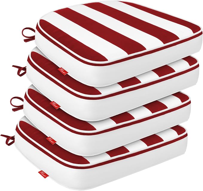 Outdoor Chair Cushions Set of 4, 19x19 Inch U-Shape Patio Seat Cushions with Ties, Water & Fade Resistant High Density Foam Cushions for Garden Patio Chairs, Red White