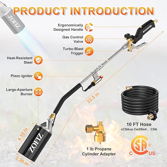 Propane Torch Weed Burner Kit, 33.5" Blow Torch with 1lb Propane Cylinder Converter, 10 FT Hose, Heavy Duty Torch with Turbo Trigger for Weeds, Roofing, Ice & Snow Melting(Fuel Not Included)