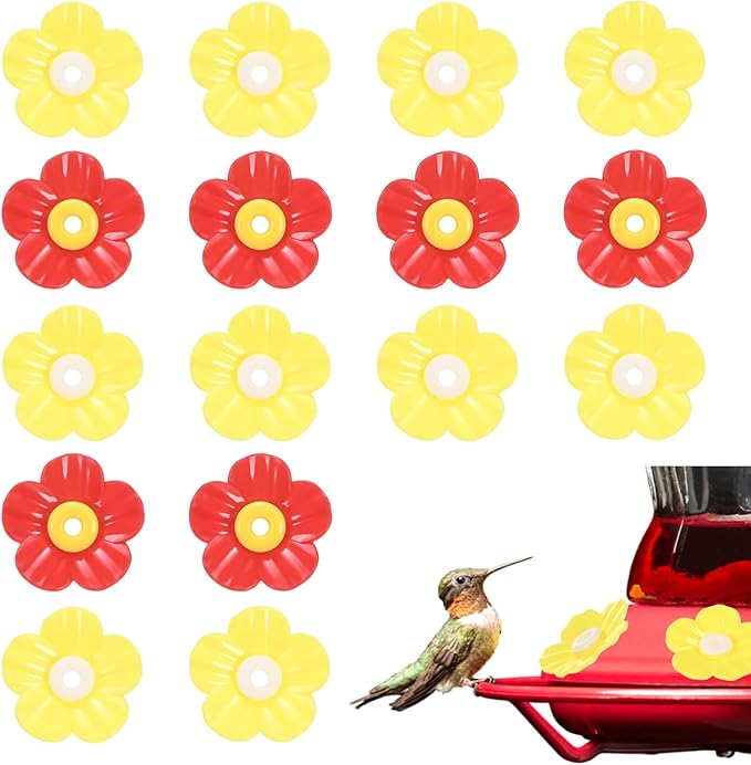 M METERXITY 16-Pack Hummingbird Feeder Replacement Flowers, Plastic Pet Hummingbird Feeding Parts Feeding Ports for Outdoor Hanging Feeders, Bees Guards [Yellow, Red]