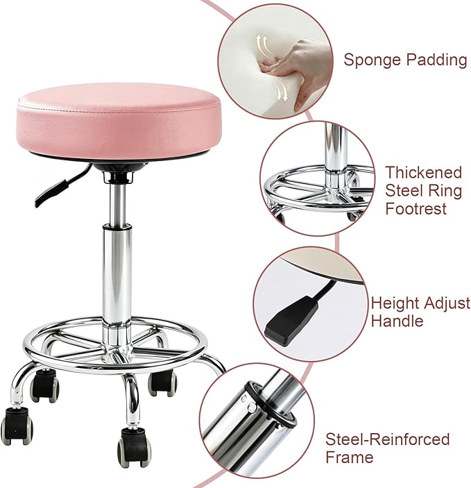 Adjustable Rolling Stool with Wheels Heavy Duty Round RollingStool with Footrest, Patent Leather Drafting Stool Chair with Wheels Work Spa Salon Seat, Pink