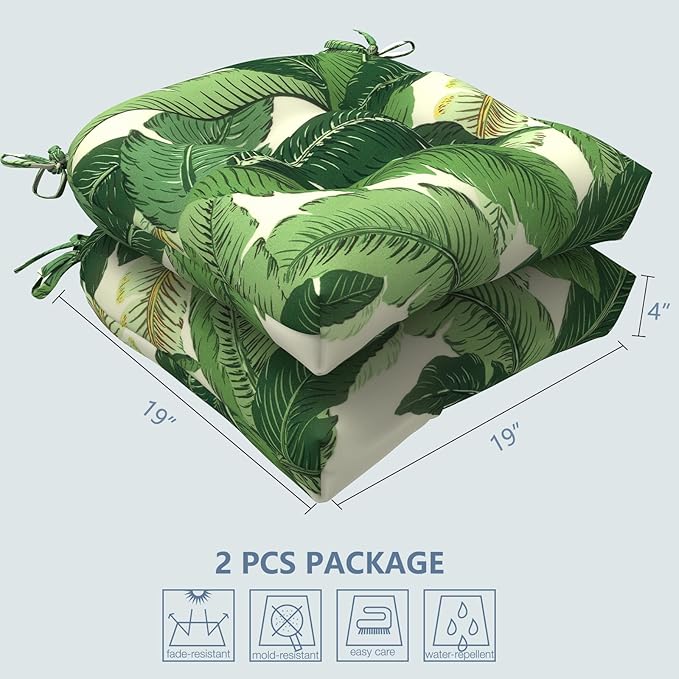 LVTXIII Outdoor Seat Cushions Seasonal Tufted Chair Cushions, Patio Chair Pads for Dining Chairs, Office Armchairs and Garden Furniture Decoration (Round Back, 19”x19”x4”, Swaying Palms Green, 2 Pack)