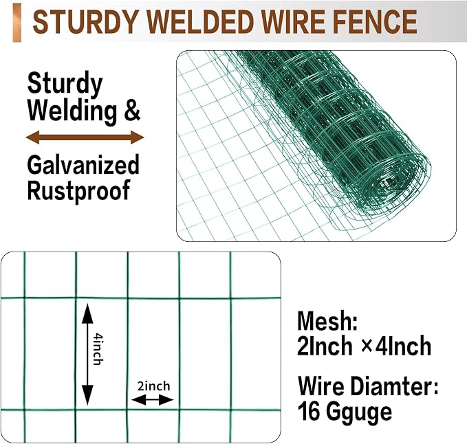Tongmo 2 ft x 100 ft Green PVC Coated Welded Wire Fence, 16GA Garden Chicken Wire Fence Roll, Mesh Size 2" x 4" Hardware Cloth, Ideal for Yard Protection and Poultry Netting