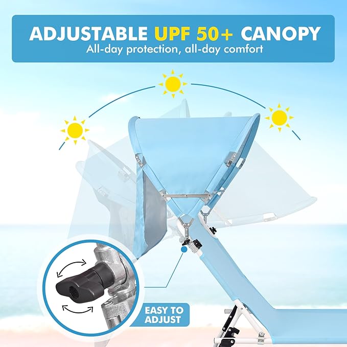 Oversized Extra Wide Tanning Chair with Sun Canopy Face Hole Padded Adjustable Washable, Heavy Duty Layout Folding Lounge Chair for Outside Beach Reading Sunbathing, UPF 50+, XL, Plus Size, 330 LBS